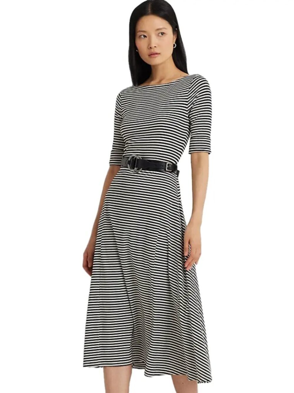 Lauren Ralph Lauren NWT Black White Striped Stretch Cotton Midi Dress, Large